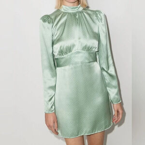 Reformation Samuel LS Mint polka dot mini dress  fall cottagecore 100% silk